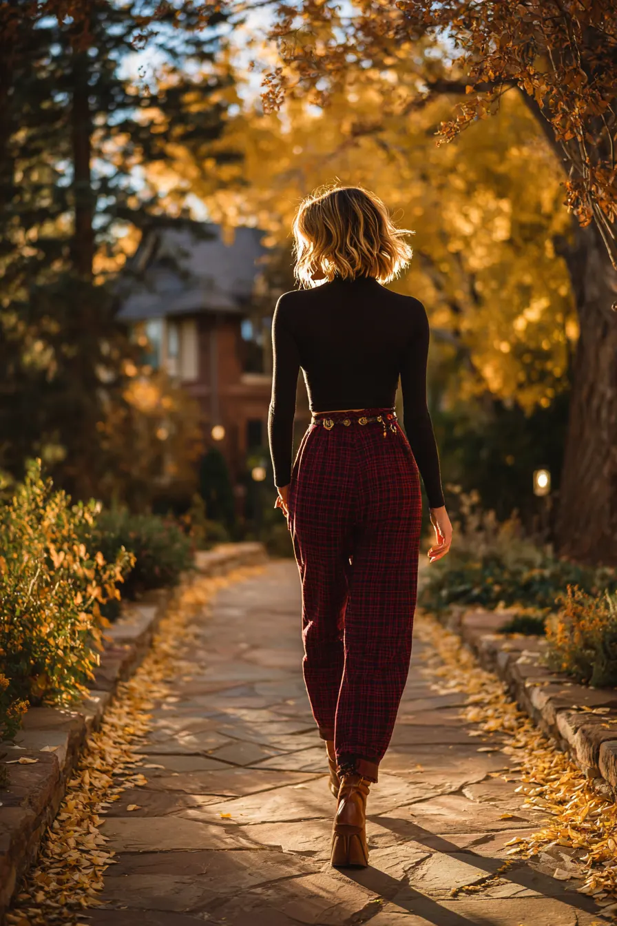 plaid pants with mock neck bodysuit and tall knee boots fall look