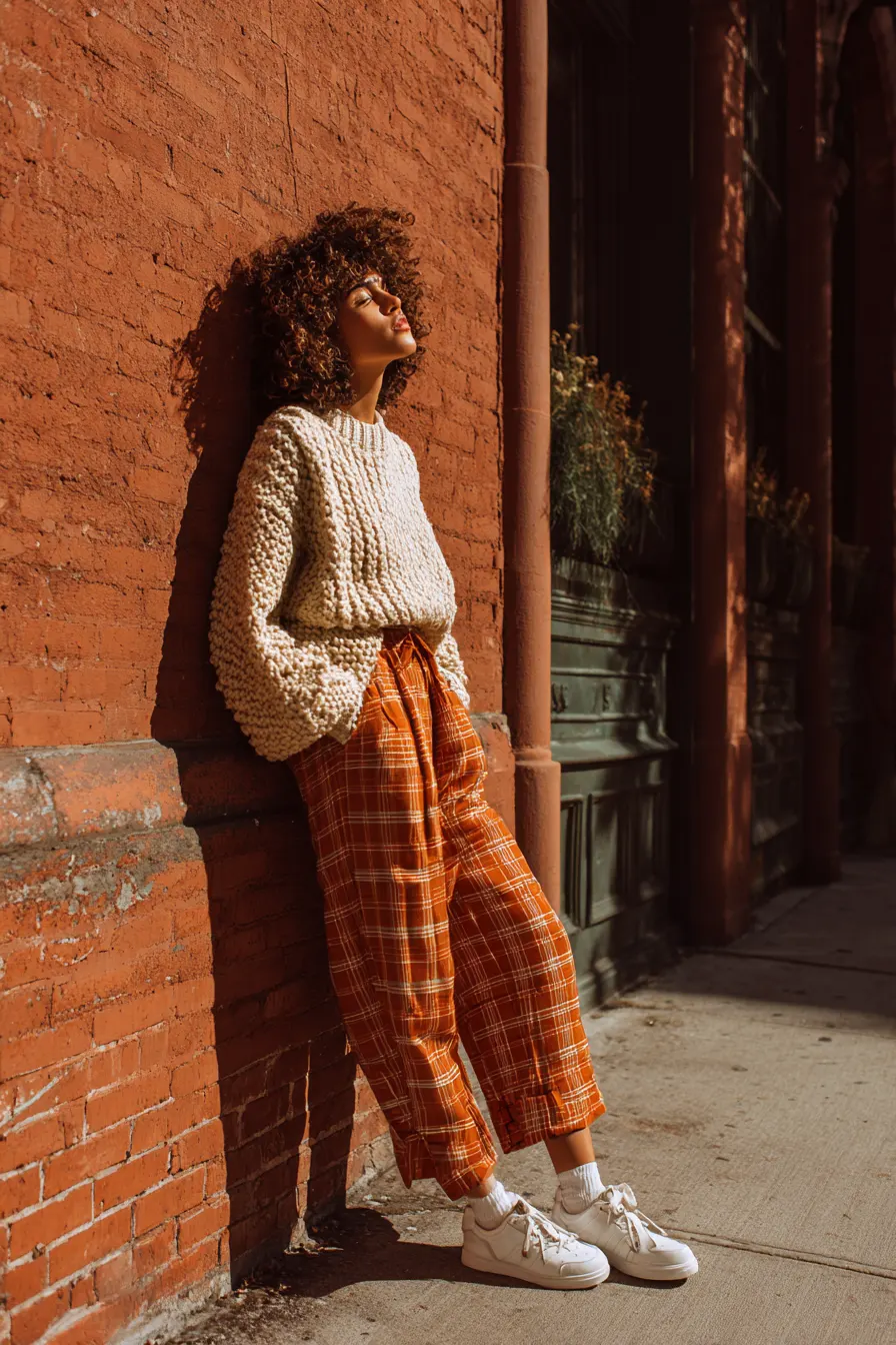 casual plaid pants outfit with chunky cream sweater and white sneakers