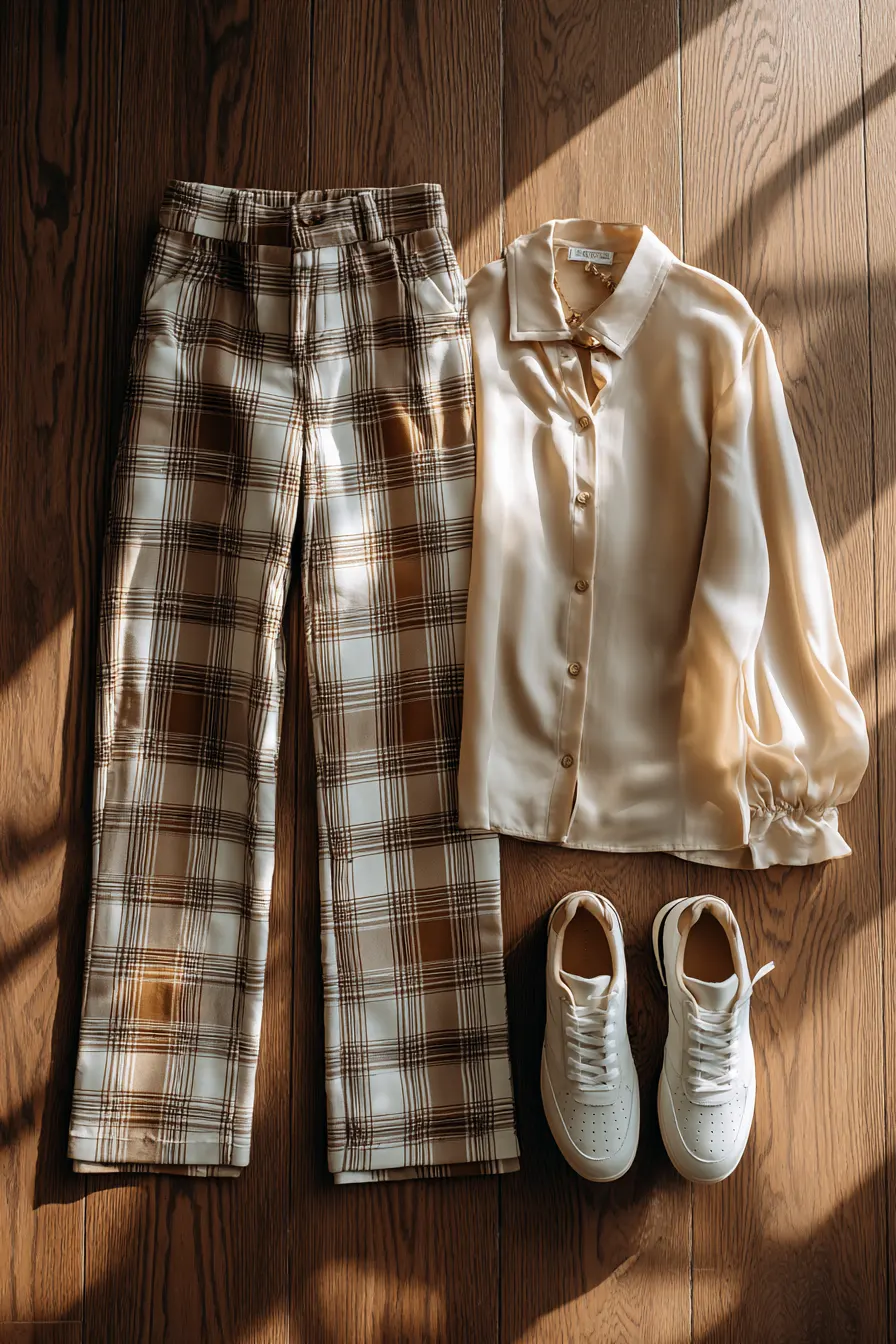 plaid pants outfit shift from casual sneakers to dressy heels style comparison