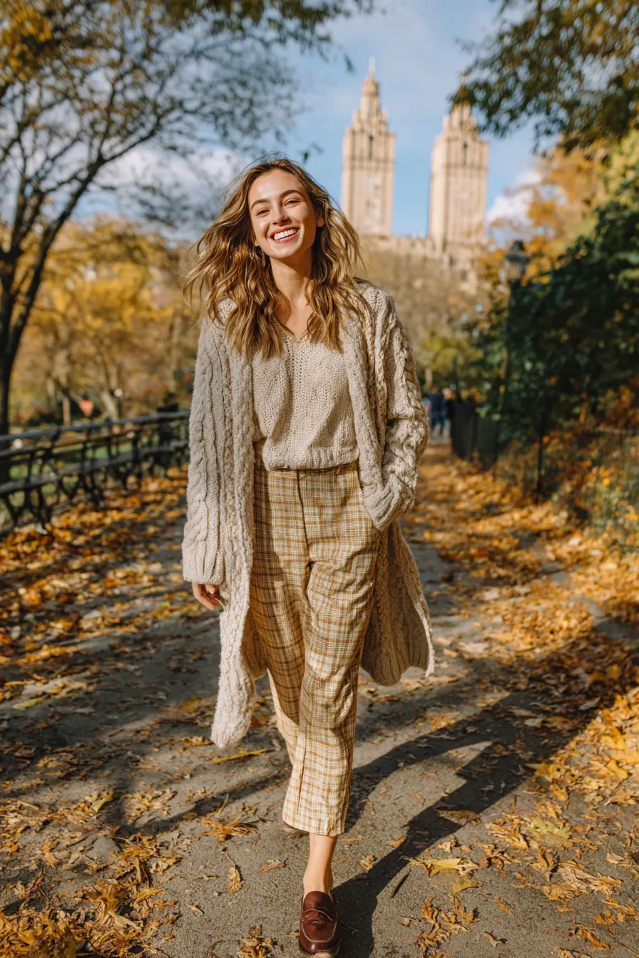 plaid pants with open cardigan and loafers smart casual autumn look