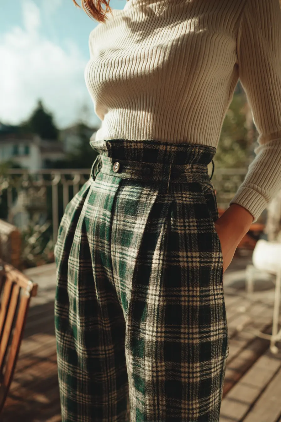 close-up detail of structured plaid trouser waistband and fabric texture