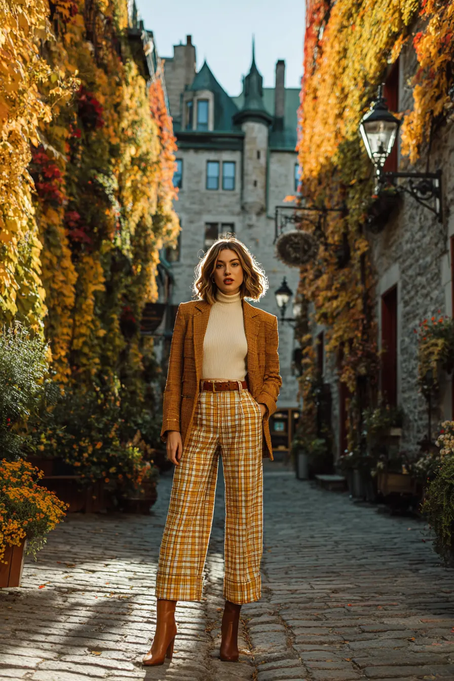 plaid pants outfit inspo women in autumn setting with boots and blazer