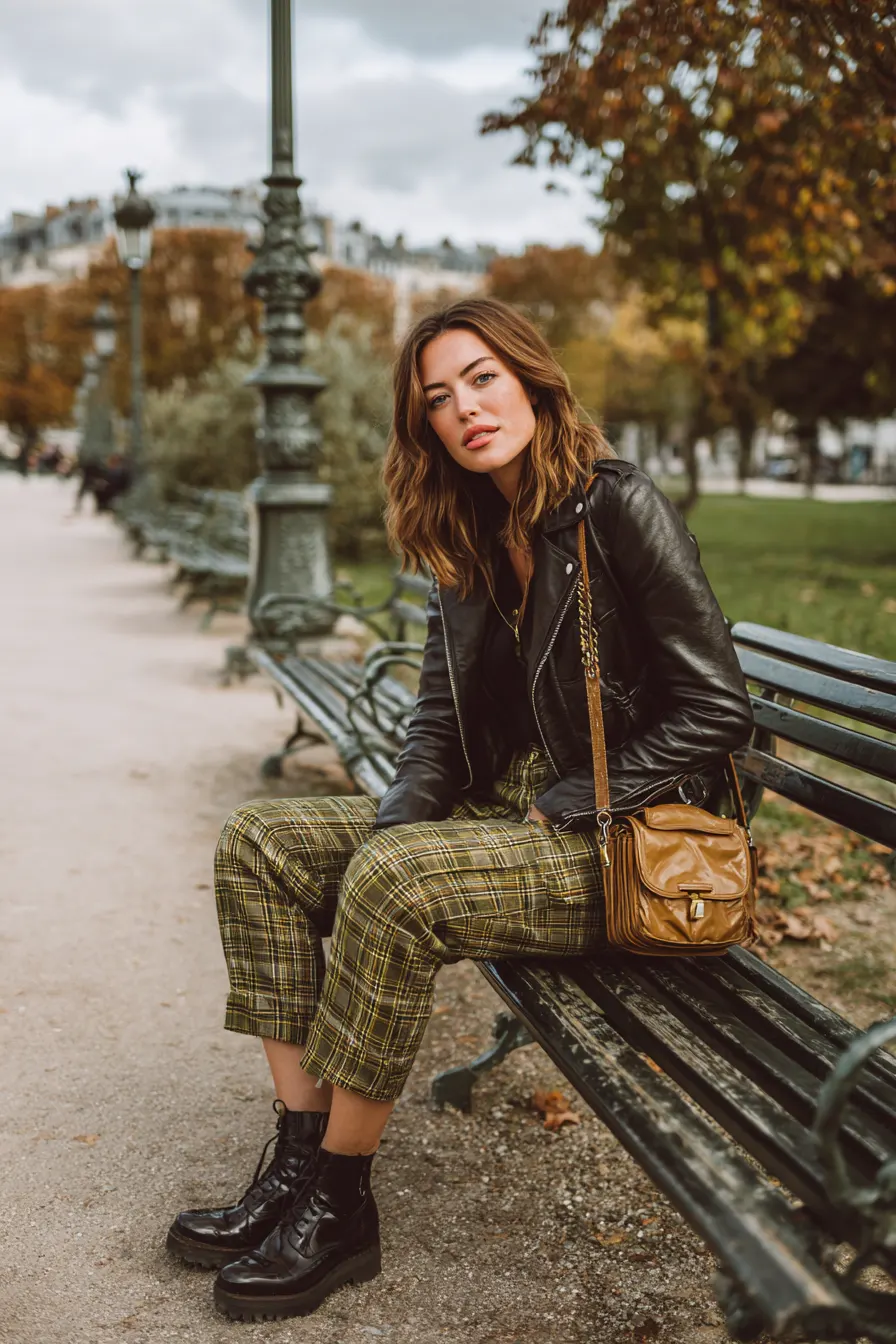 plaid pants with black leather jacket and chelsea boots fall street style