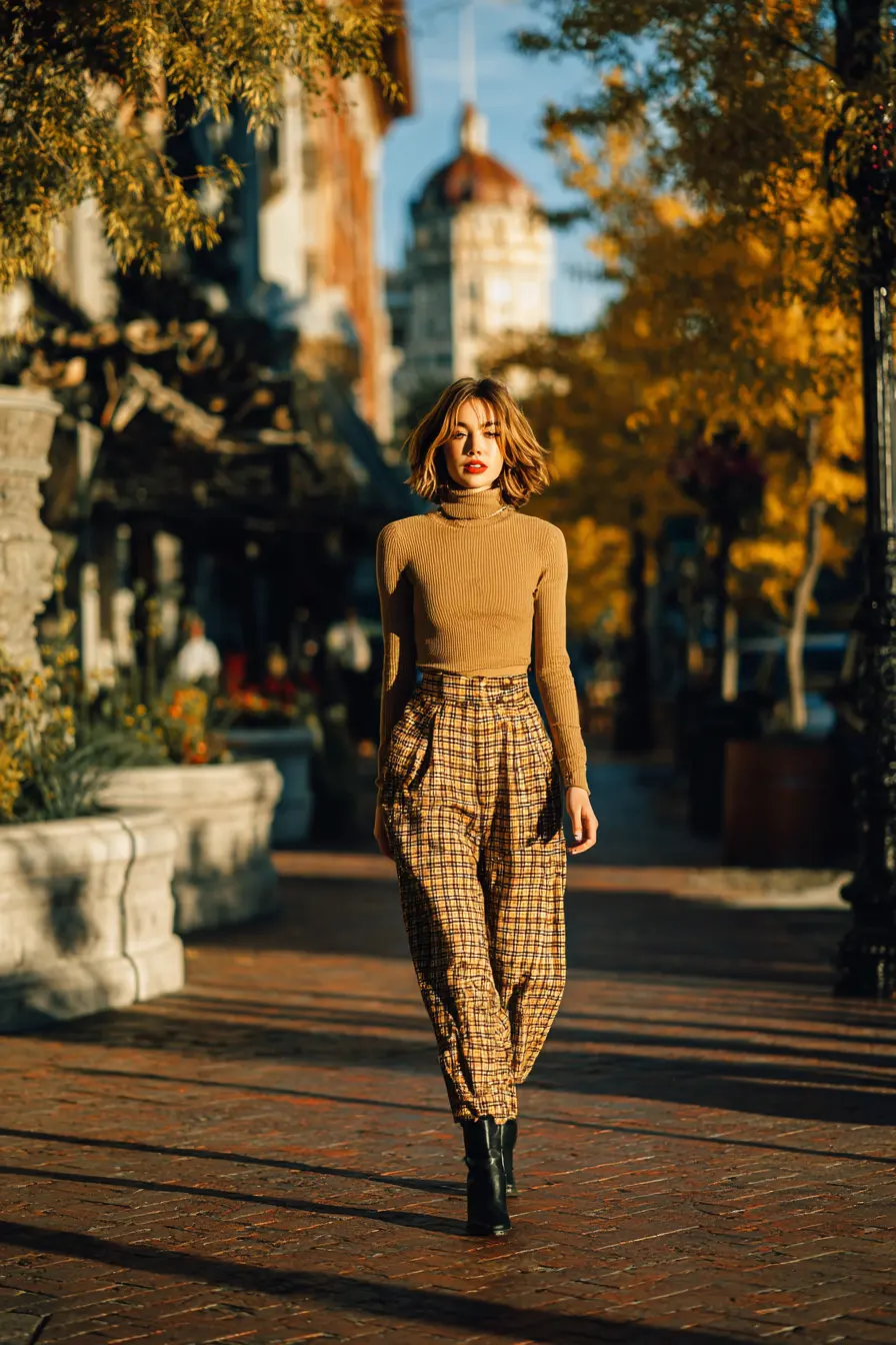 plaid pants outfit with camel turtleneck and black ankle boots street style