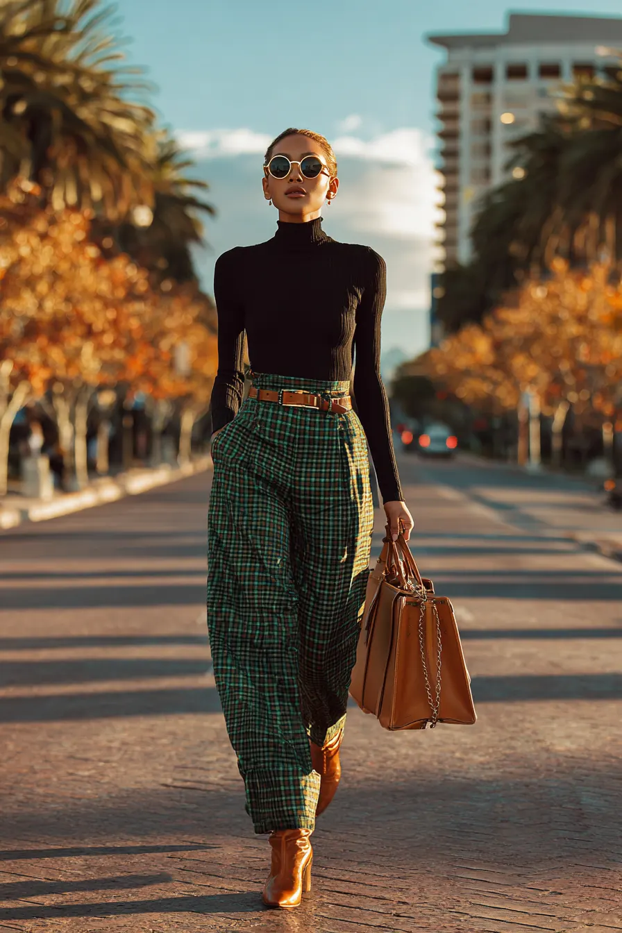 women plaid pants fall street style outfit with boots and structured bag