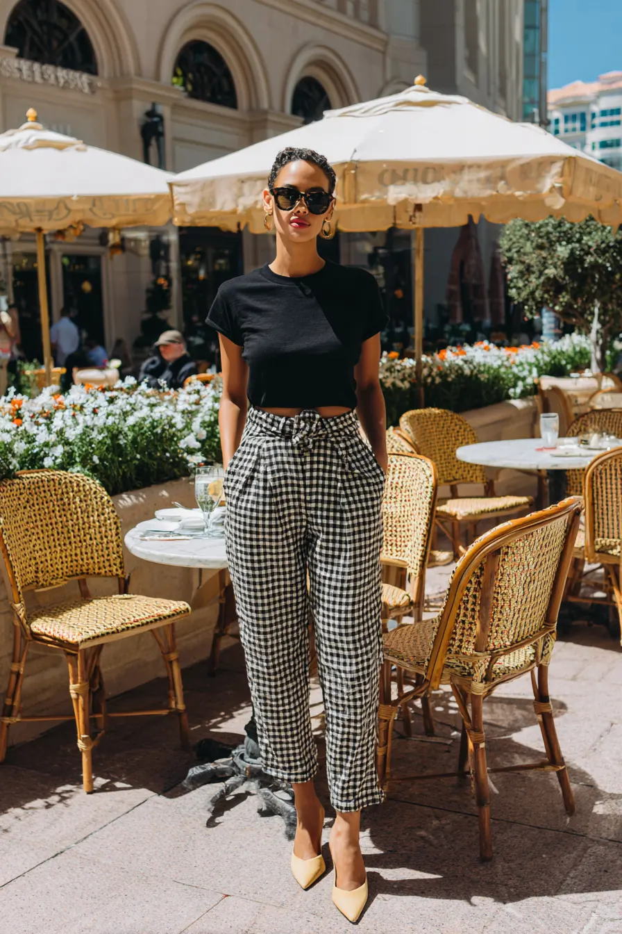 plaid pants street style with cropped black tee and beige mules minimal look
