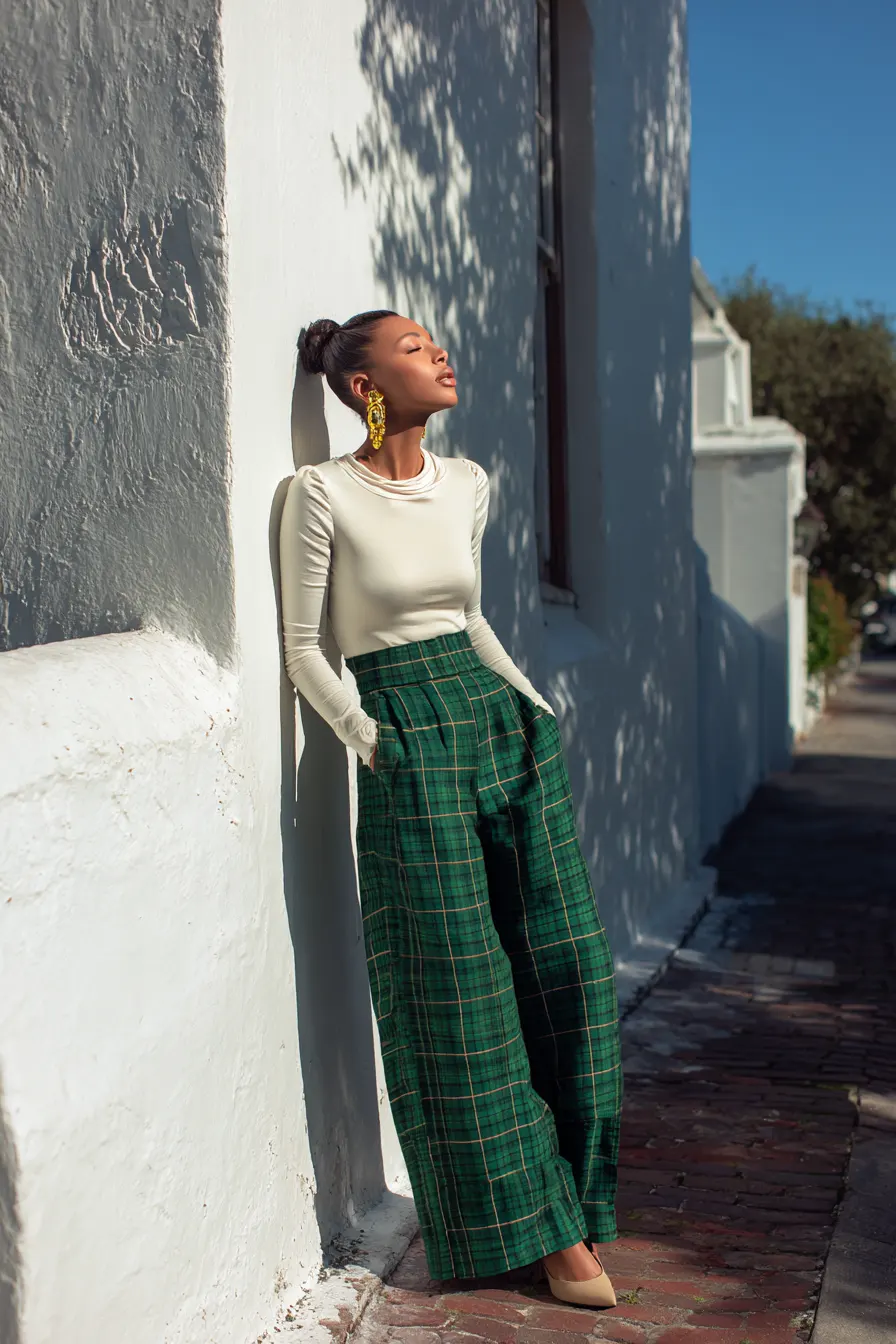 plaid pants styling guide showing what not to do with pattern mixing
