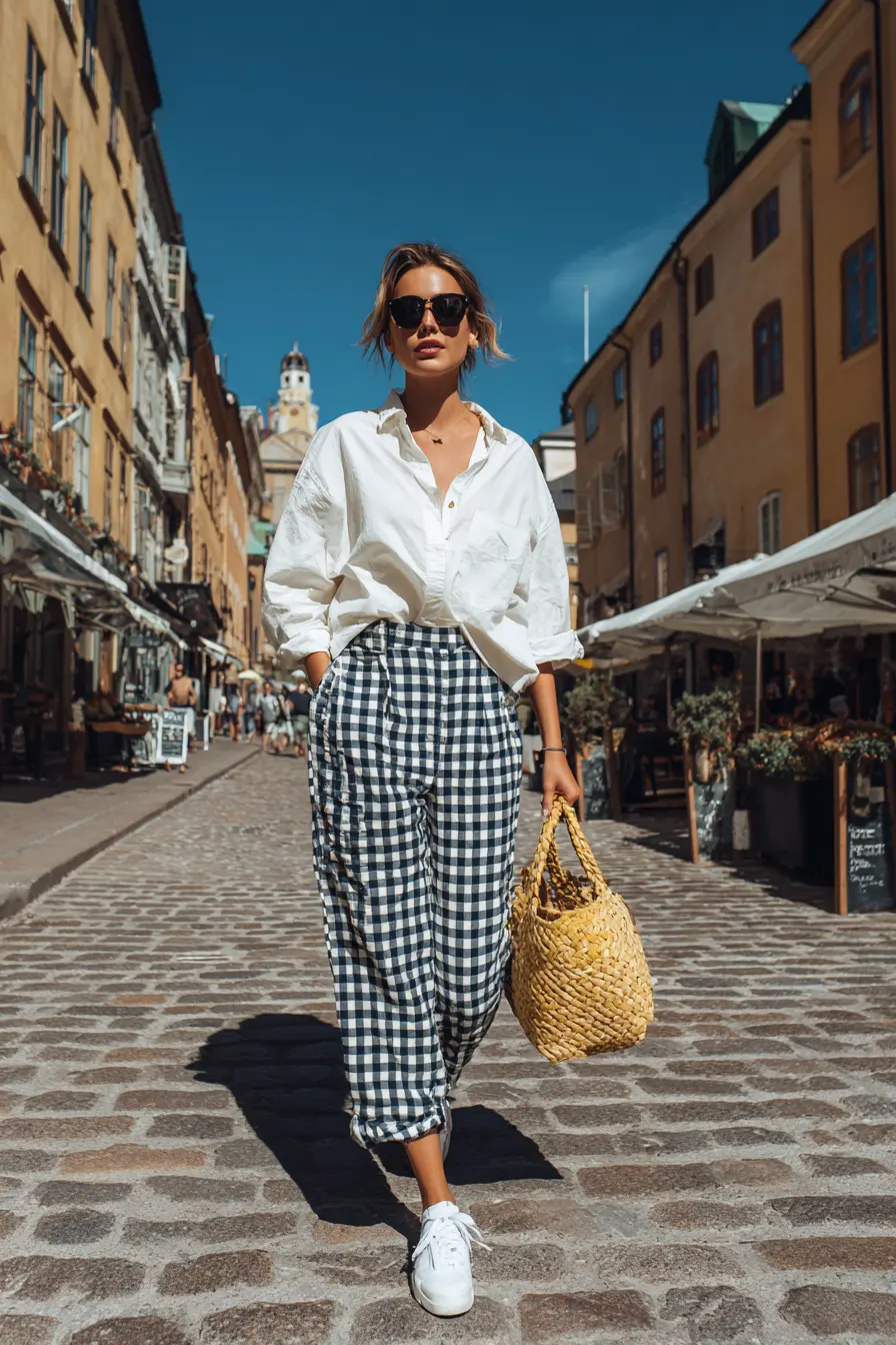 plaid pants outfit with half-tucked white button-down and sneakers casual