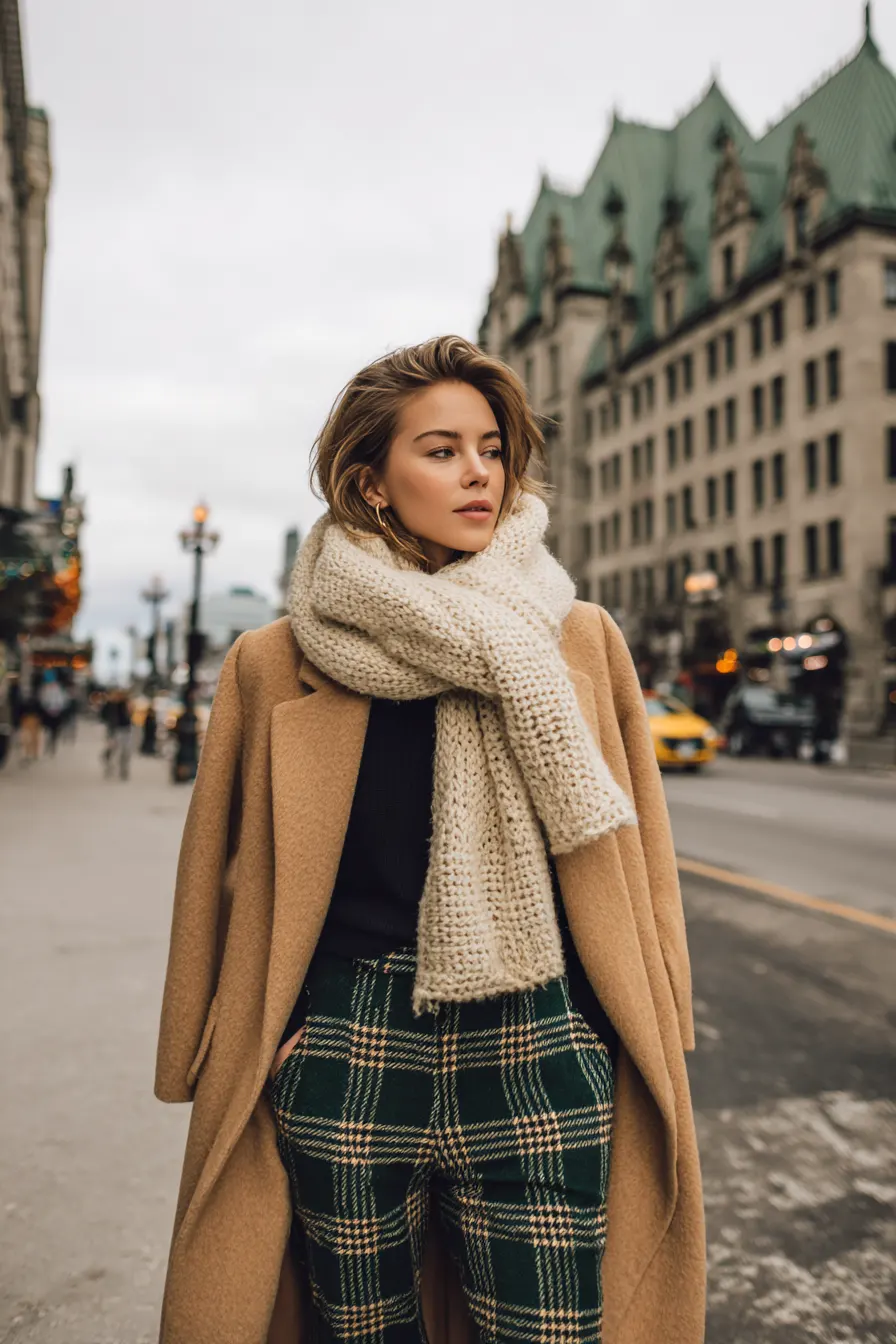 plaid pants winter outfit with camel oversized coat and chunky knit scarf