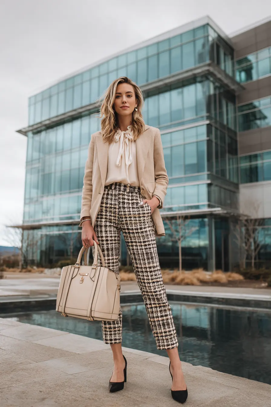 plaid pants work outfit with camel blazer and loafers polished look