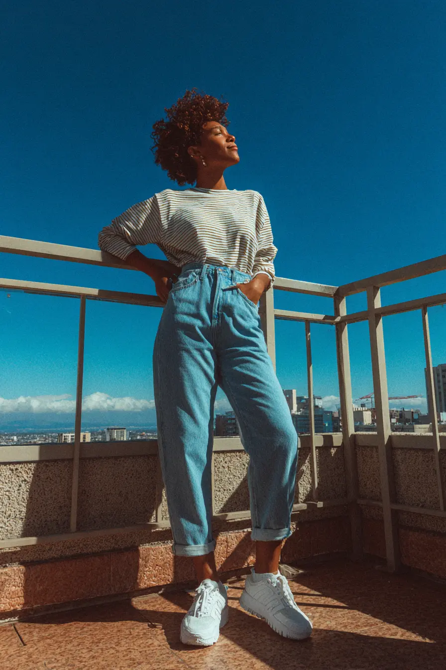 modern ready-to-wear mom jeans styled in a 90s-inspired outfit with sneakers