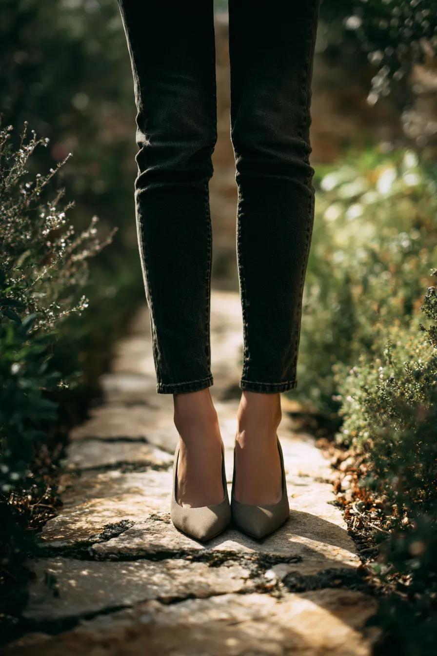 dark skinny jeans with nude pointed heels elegant date night look