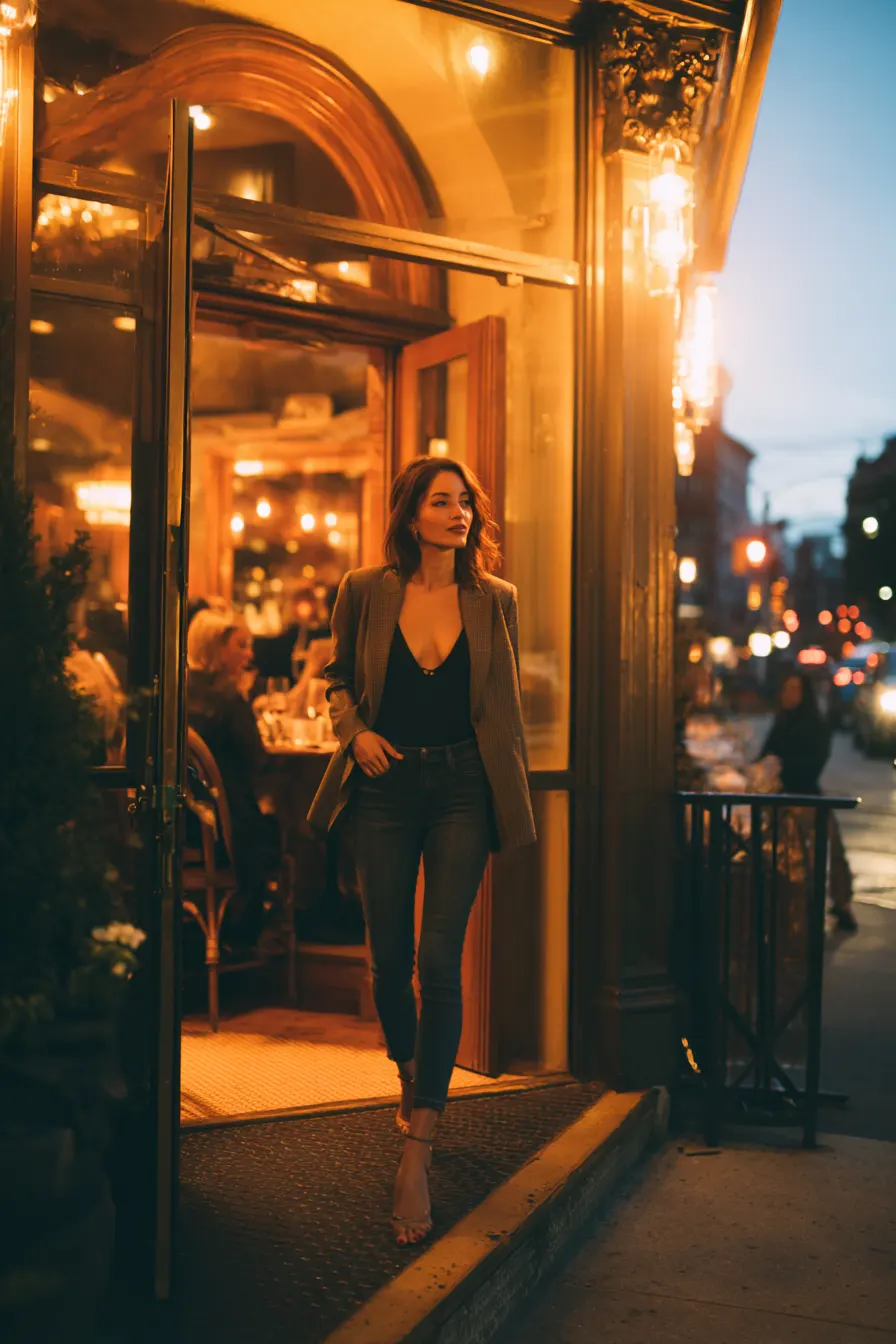 skinny jeans with strappy heels and blazer dinner date outfit for women