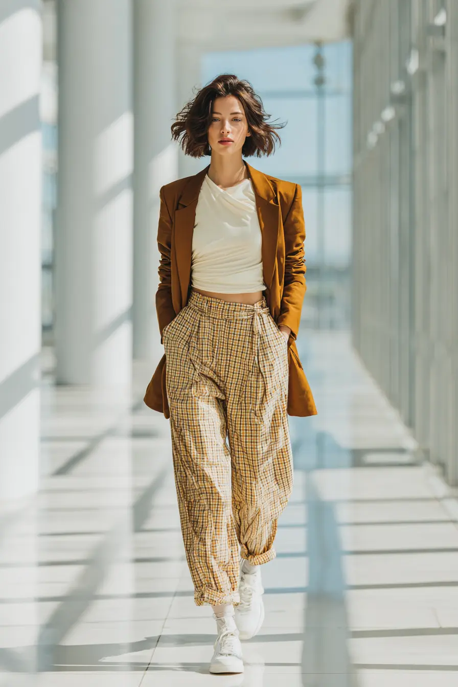smart casual creative interview outfit wide-leg trousers and textured blazer women