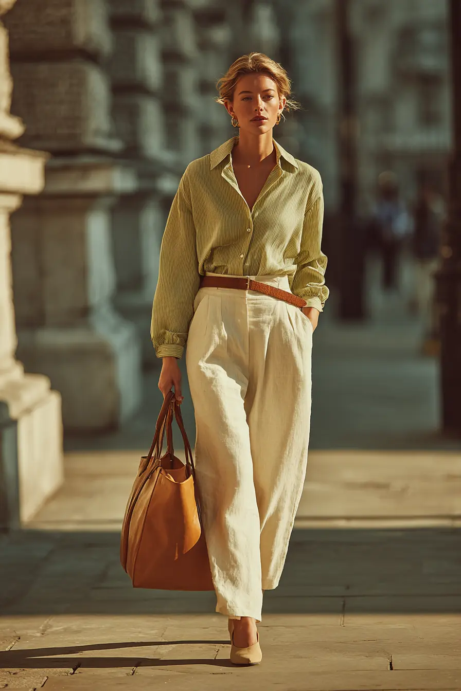 spring interview outfit linen trousers and silk blouse women 30s polished
