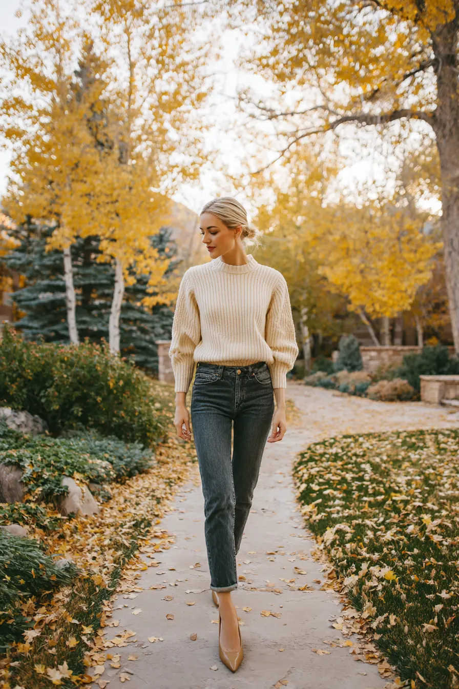 straight-leg jeans with heels and fitted knit sweater tucked for fall date