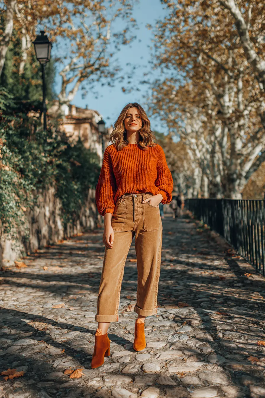 straight-leg mom jeans styled with ankle boots and knit sweater in autumn setting