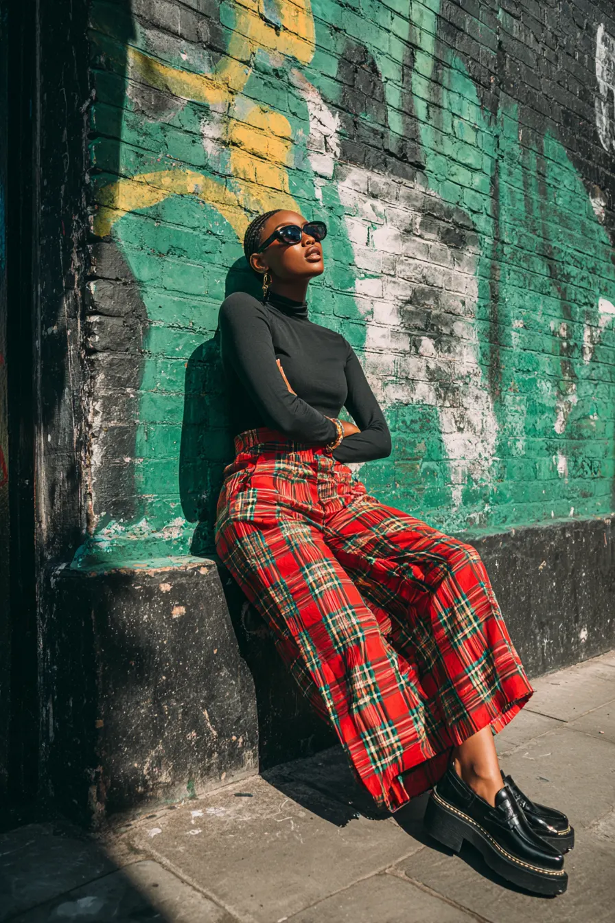 tartan plaid pants outfit with solid black top and chunky loafers street look