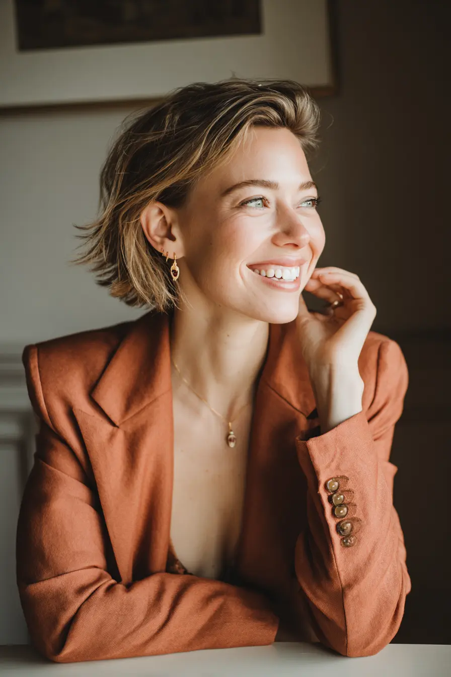 video interview outfit terracotta blouse and blazer women 30s professional
