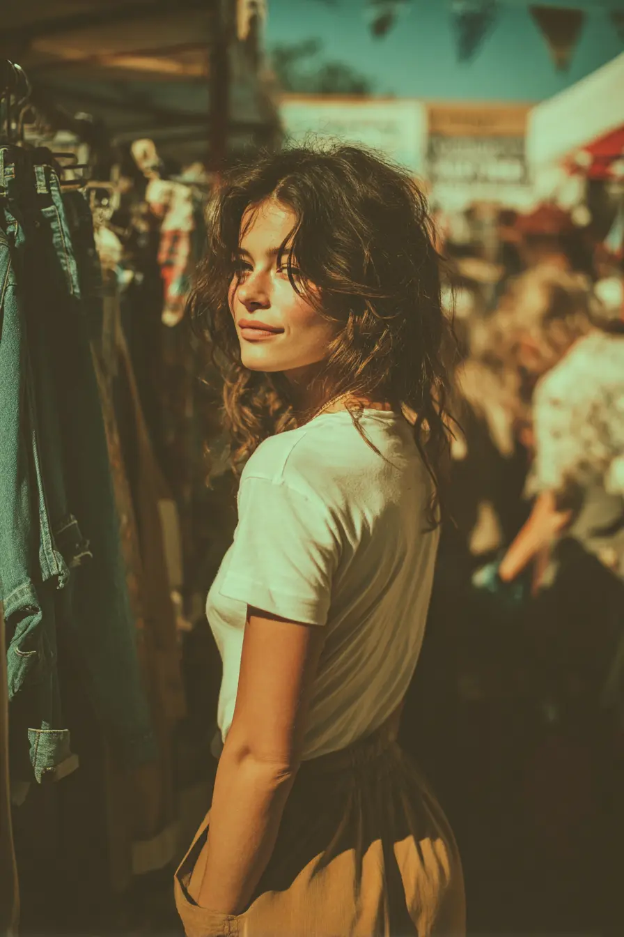 woman browsing vintage denim at a thrift market for 90s mom jeans