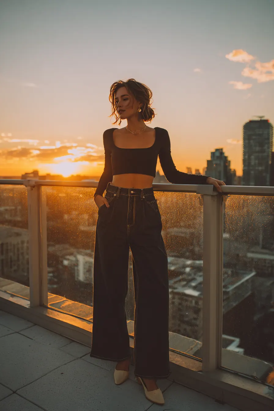 high-waisted wide-leg jeans with heels and crop top rooftop date outfit