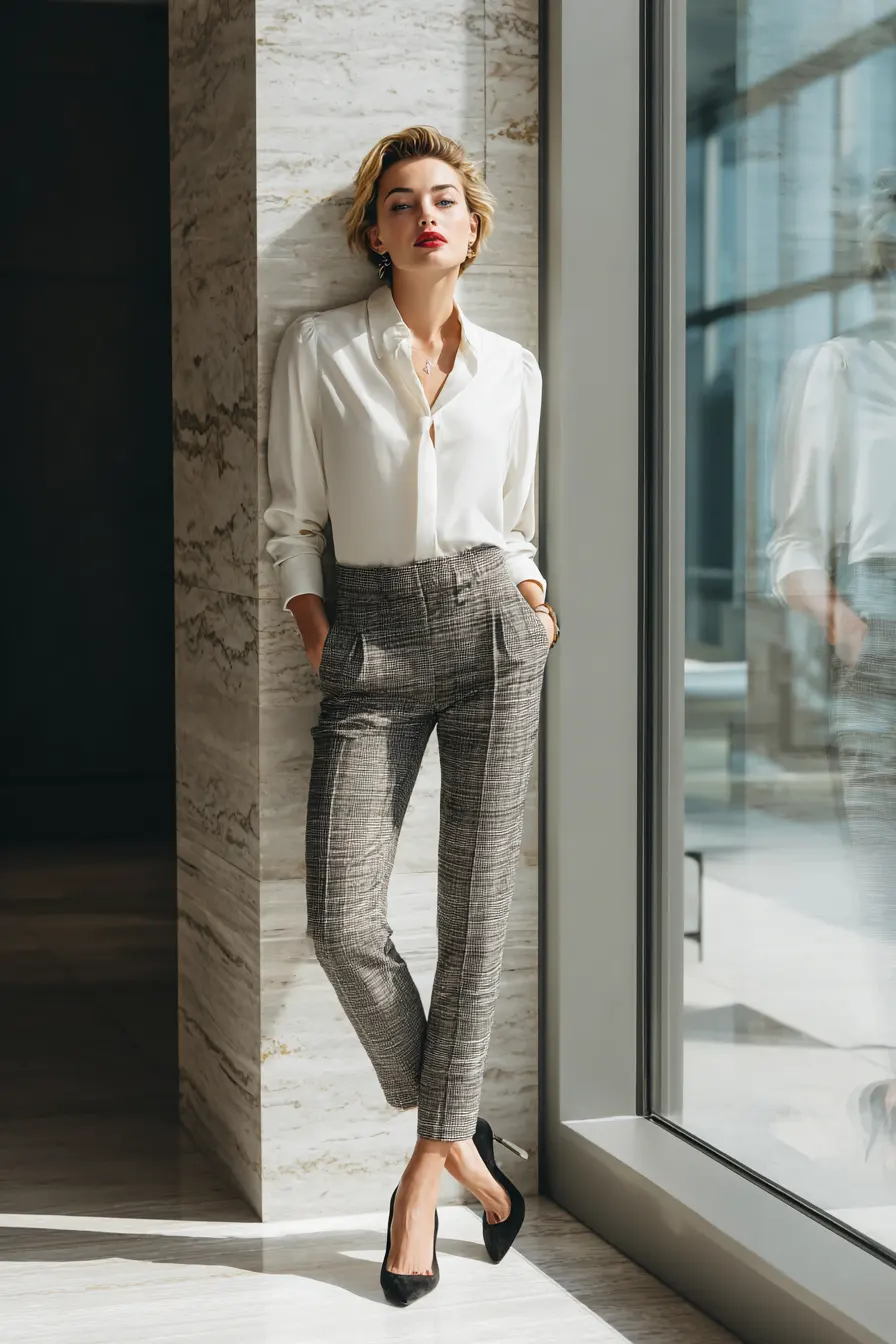 windowpane plaid pants work outfit with tucked blouse and pointed heels office
