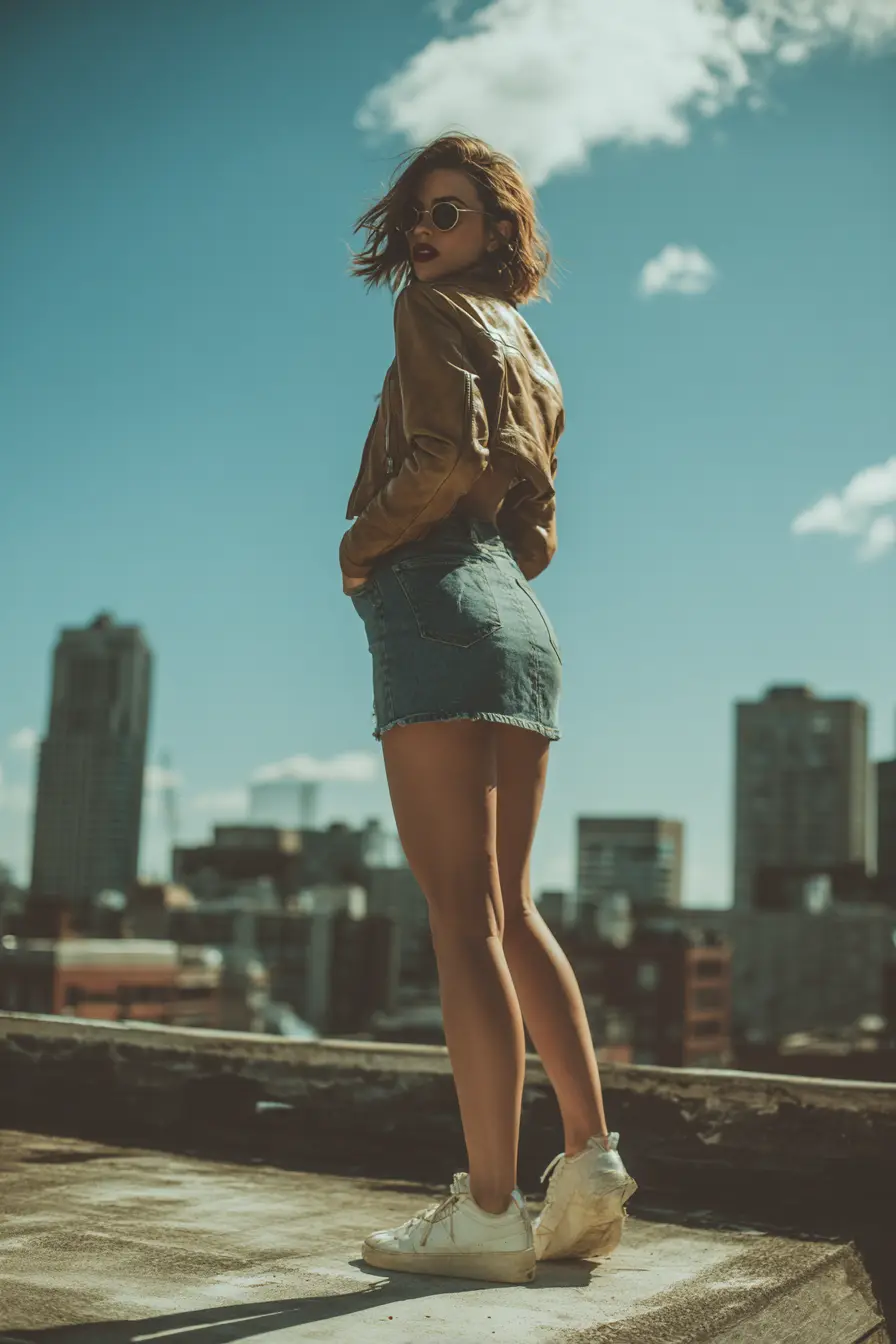 modern y2k mini skirt outfit with oversized jacket and updated accessories on rooftop