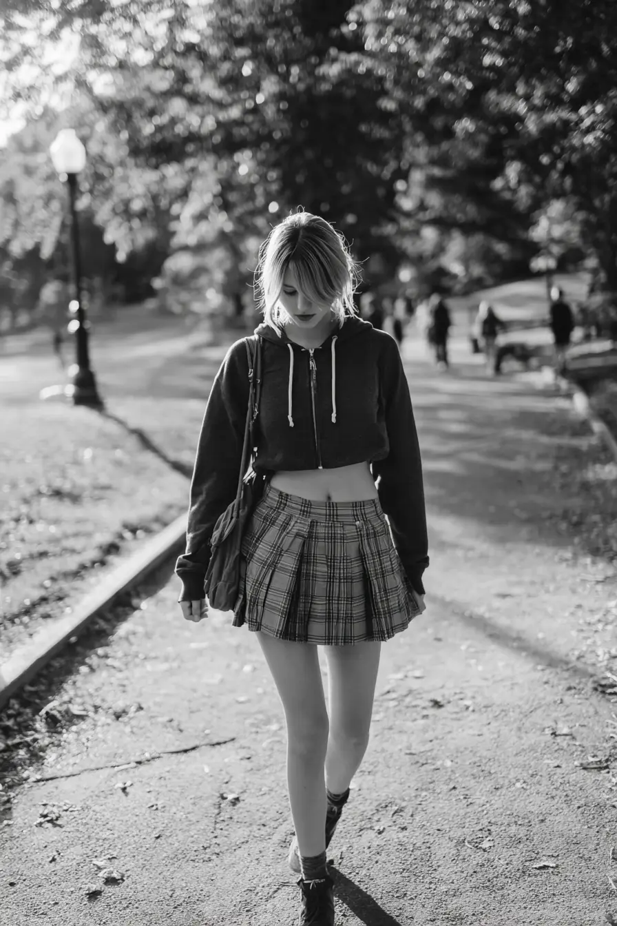 y2k back to school mini skirt outfit with zip-up hoodie and sneakers on campus