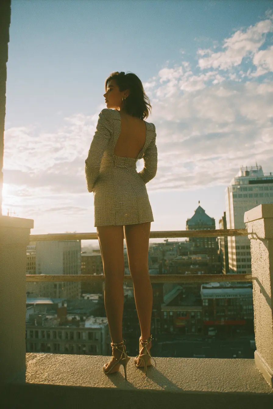 y2k inspired blazer and mini skirt business casual outfit on urban rooftop