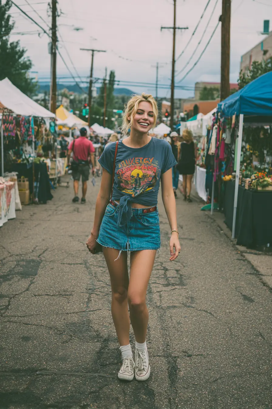 casual y2k graphic tee tucked into denim mini skirt with sneakers and tote bag