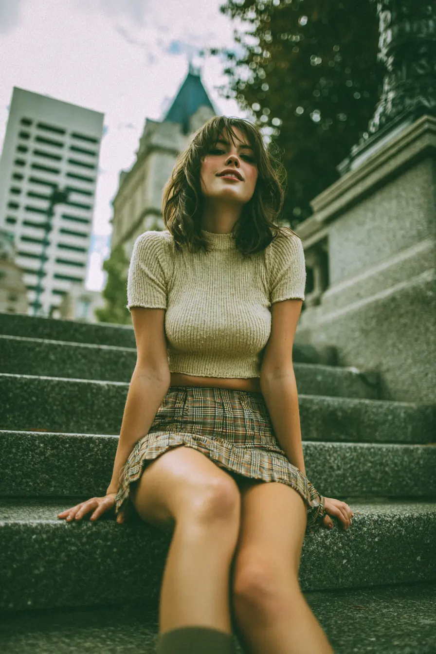 woman in fitted plaid y2k mini skirt showing clean waistband fit on city steps