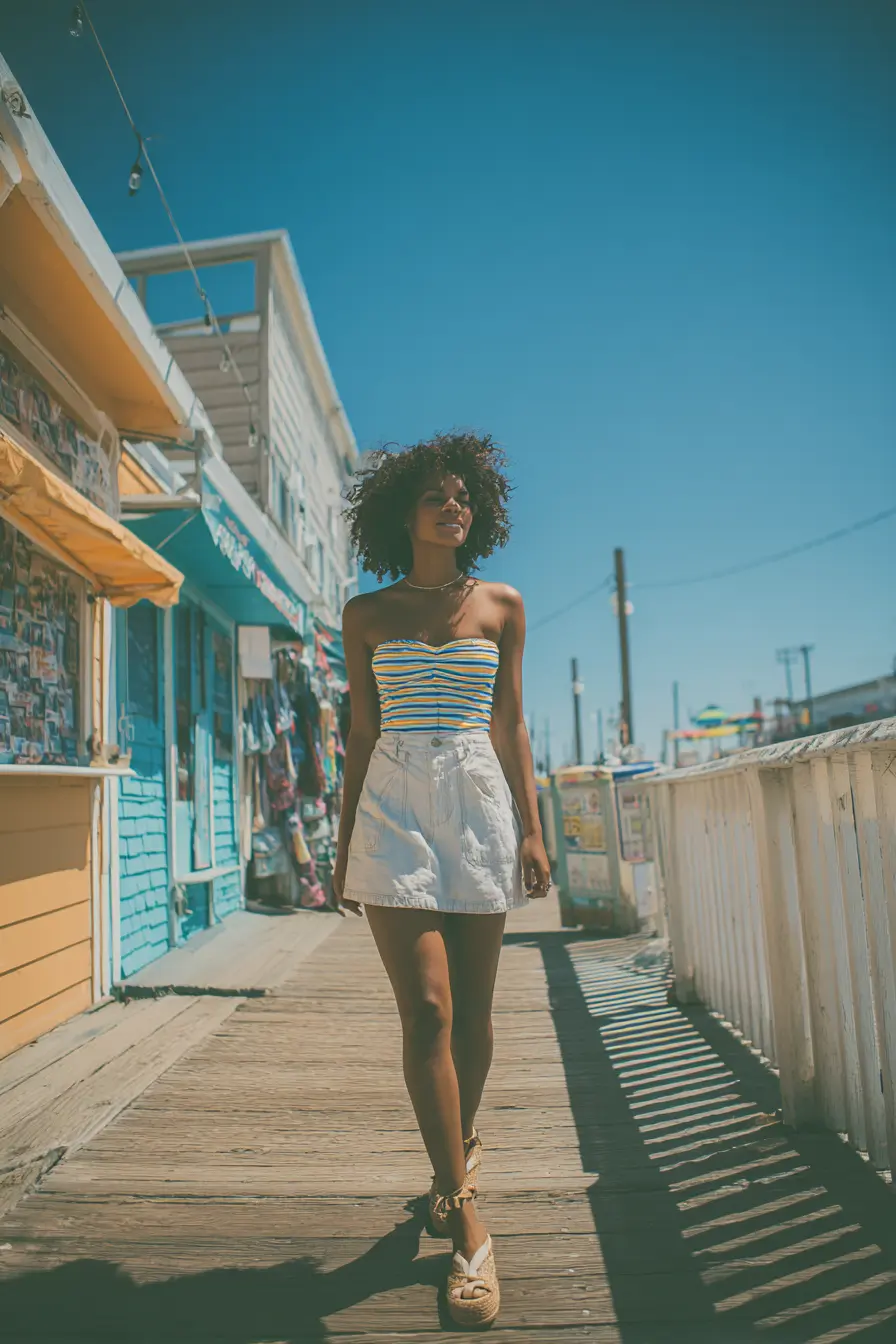 y2k tube top mini skirt summer outfit with platform espadrilles at beach boardwalk