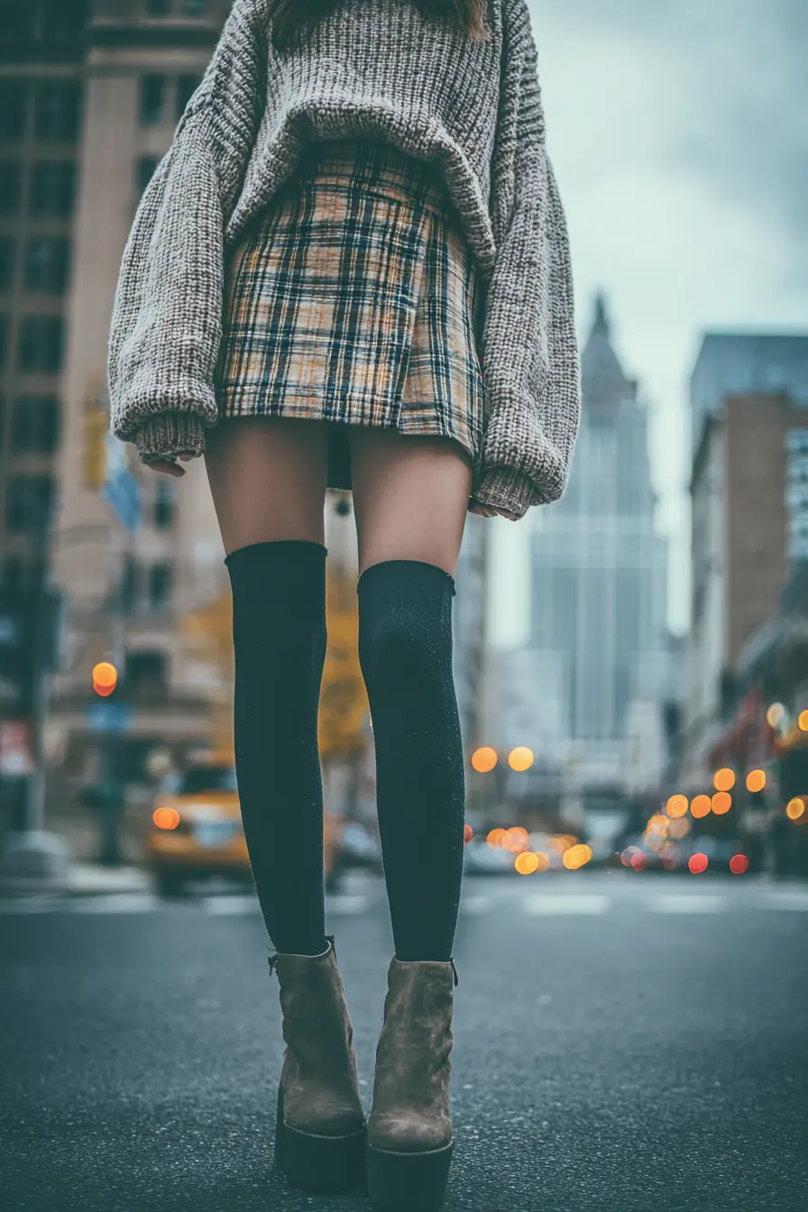 y2k winter mini skirt outfit with opaque tights knee boots and oversized knit