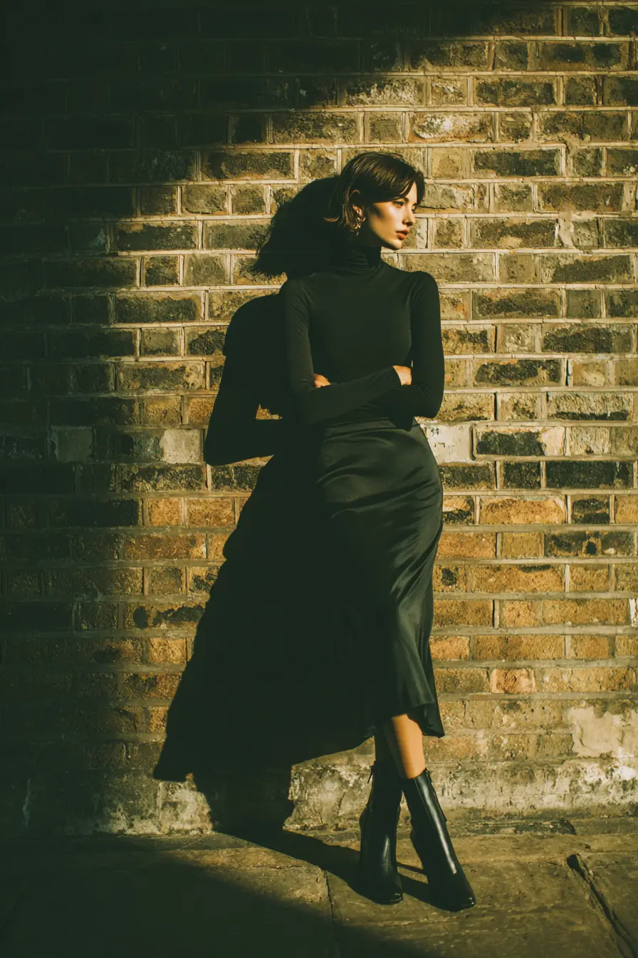 black date night outfit with satin midi skirt fitted top and block heels