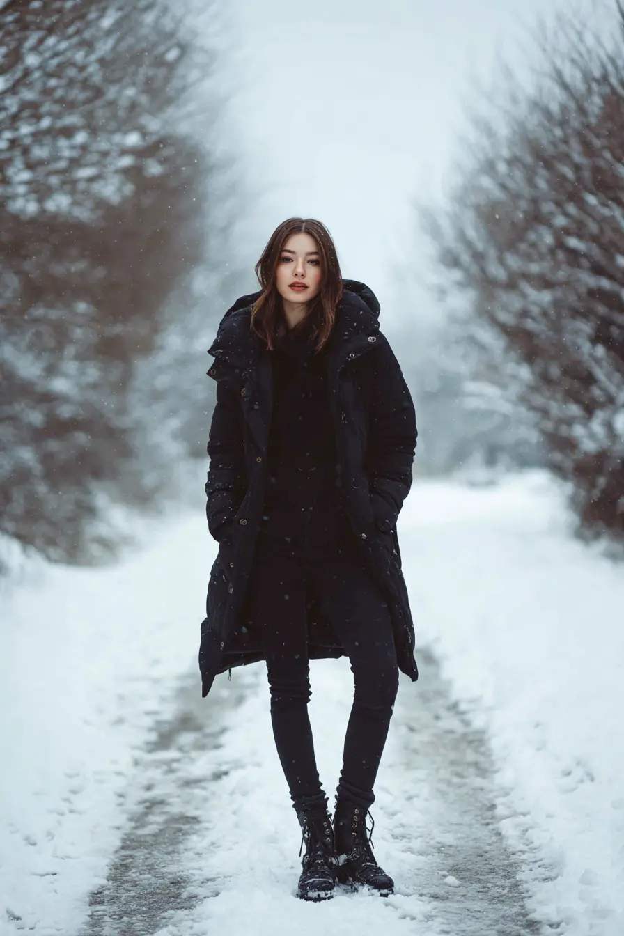 all-black winter outfit with longline puffer coat and skinny jeans