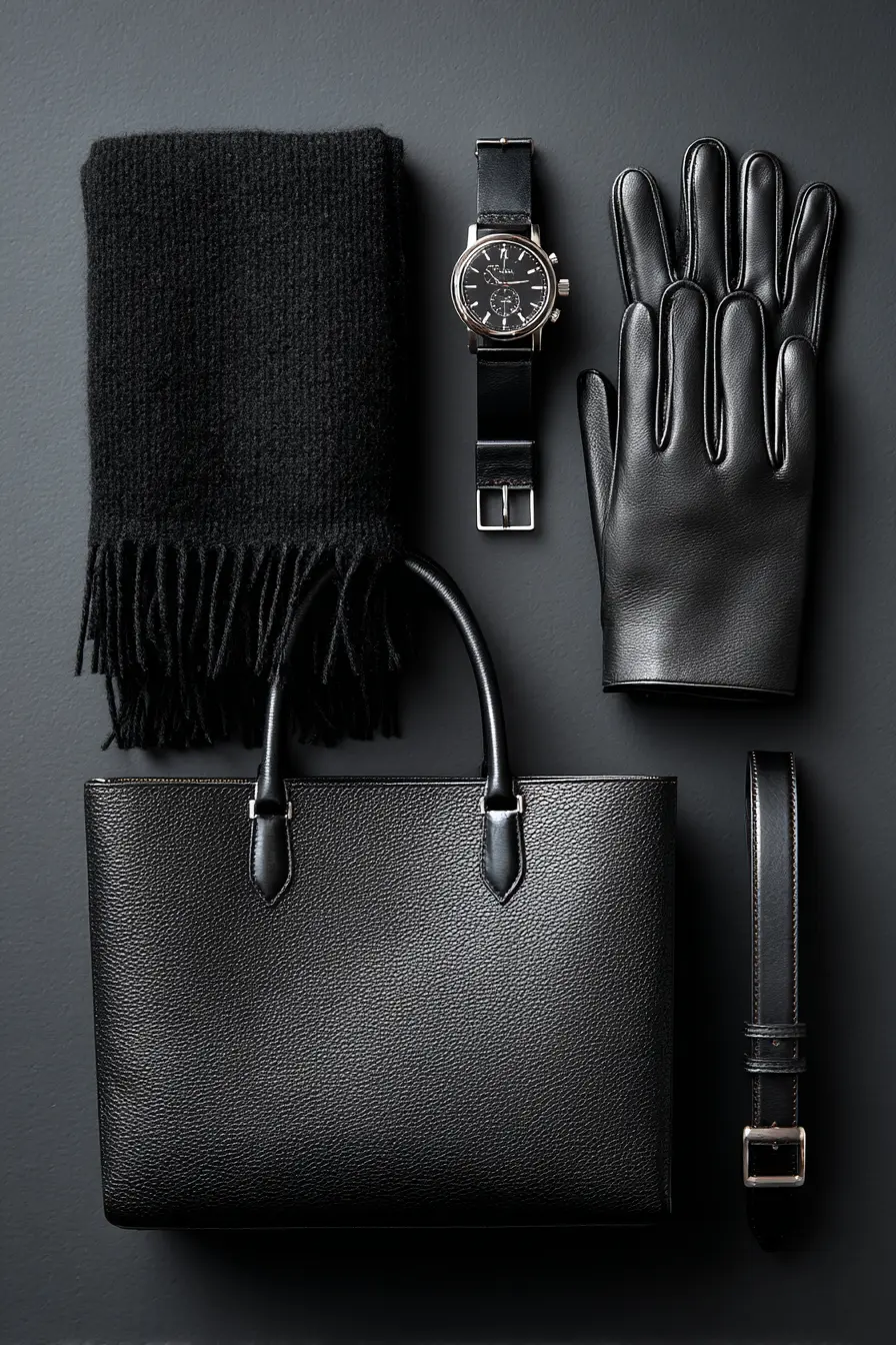 black winter accessories flat lay scarf gloves bag and belt detail