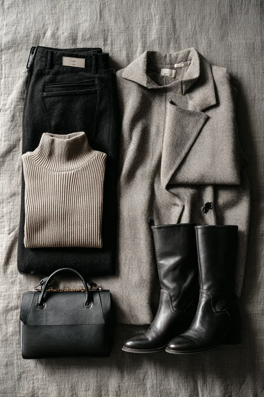 flat lay of all-black winter capsule wardrobe pieces coat sweater trousers boots