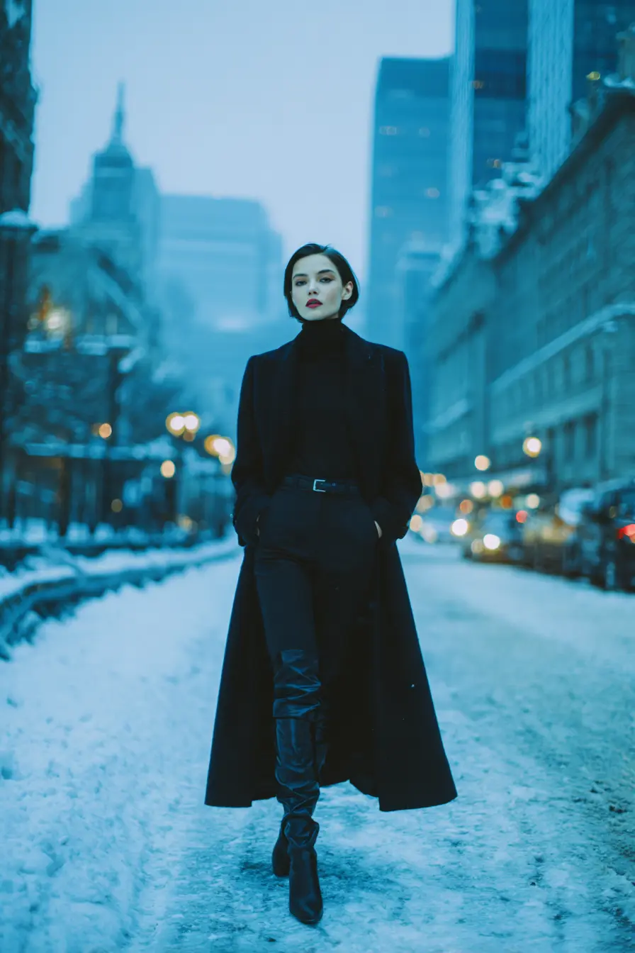 all-black winter outfit turtleneck slim trousers knee-high boots wool coat