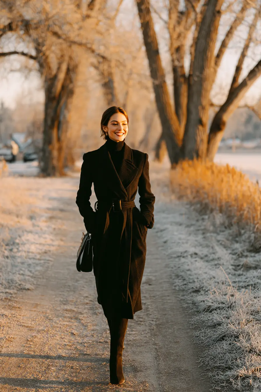 confident all-black winter outfit woman coat boots bag winter street
