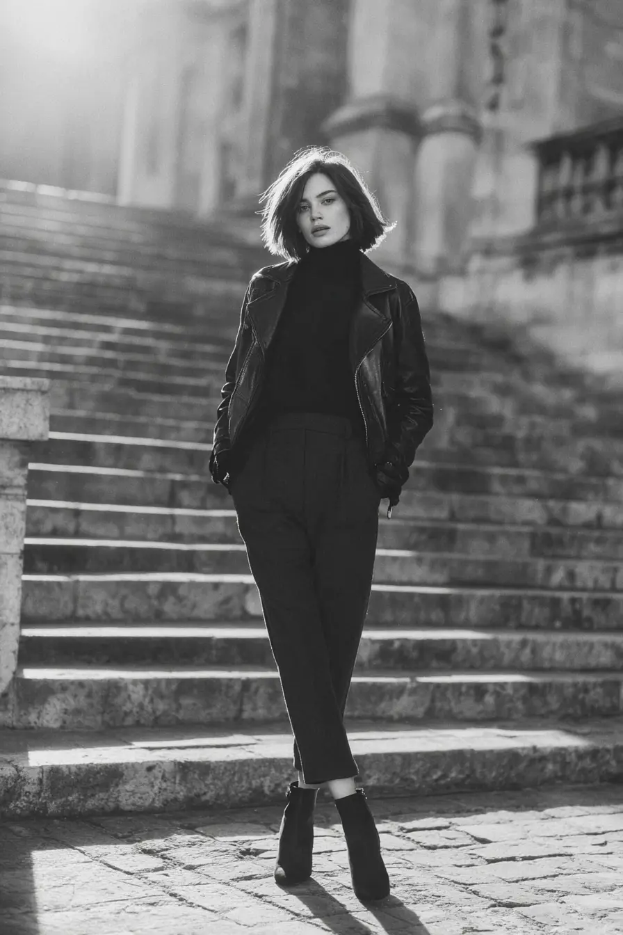all-black winter outfit combining leather jacket wool sweater and trousers
