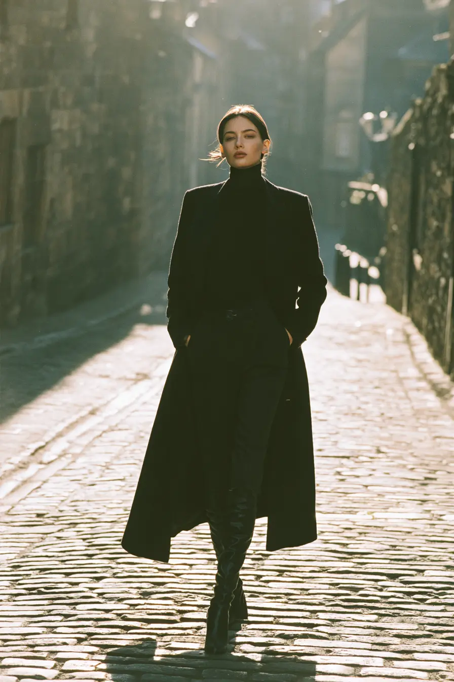 all-black winter outfit with turtleneck long coat and knee high boots