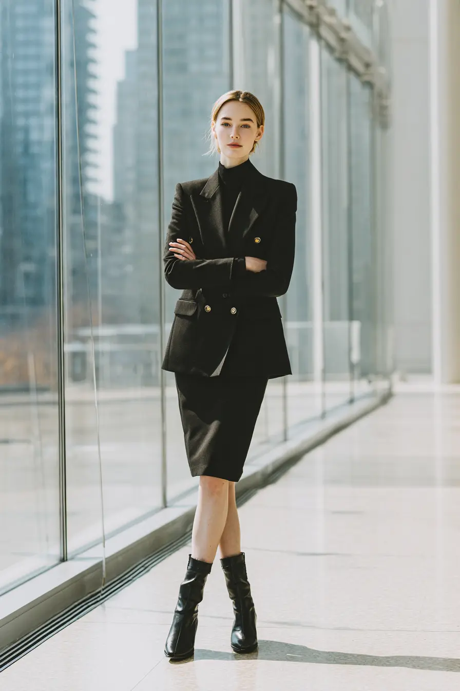 all-black winter work outfit with blazer pencil skirt and chelsea boots