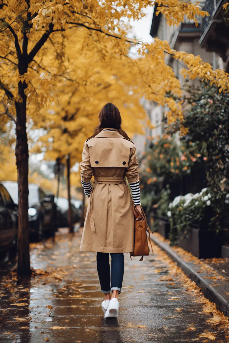 classic camel trench coat belted over striped top and dark jeans fall look