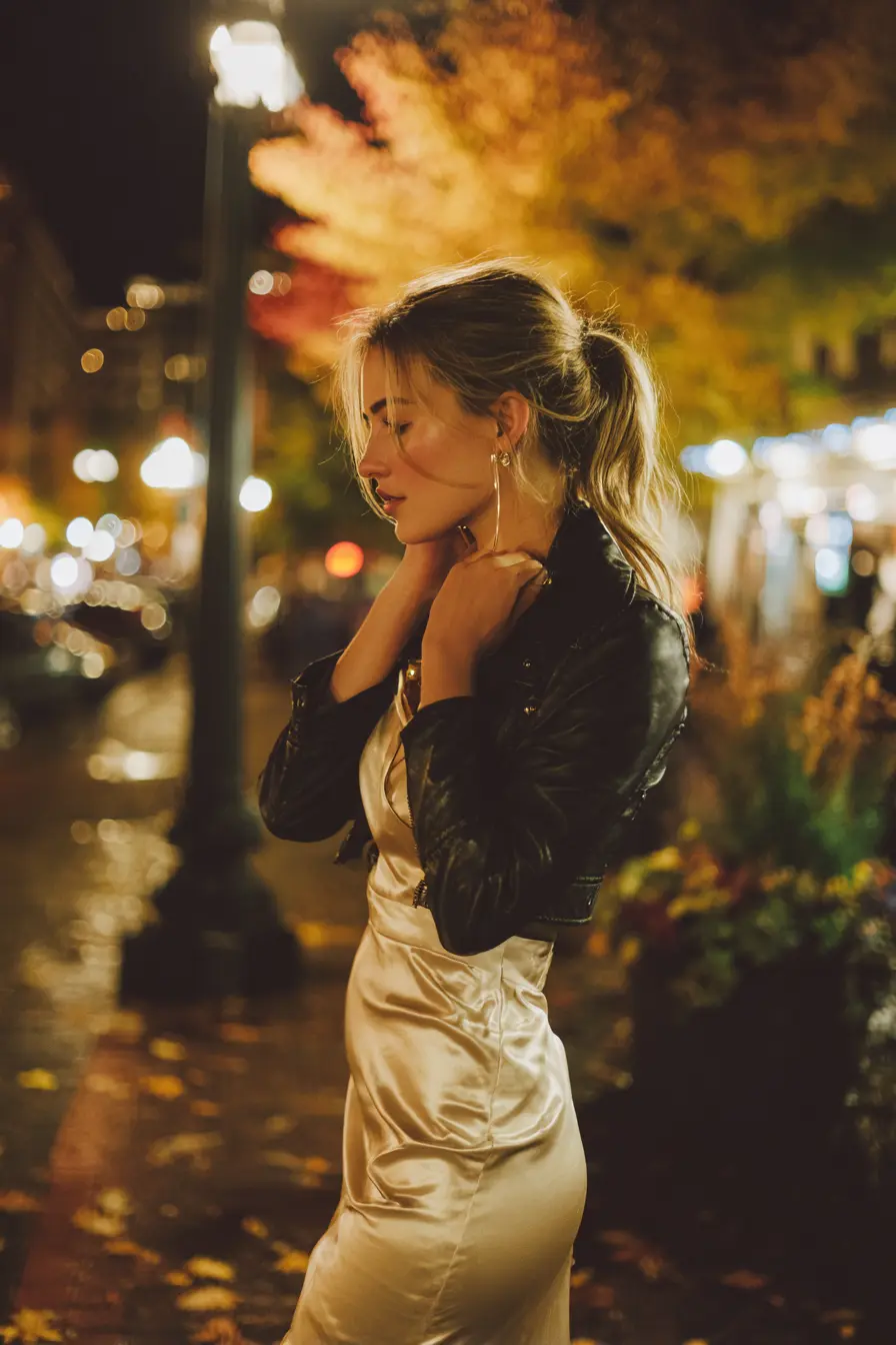 cropped leather jacket over satin midi dress fall evening date night layering look