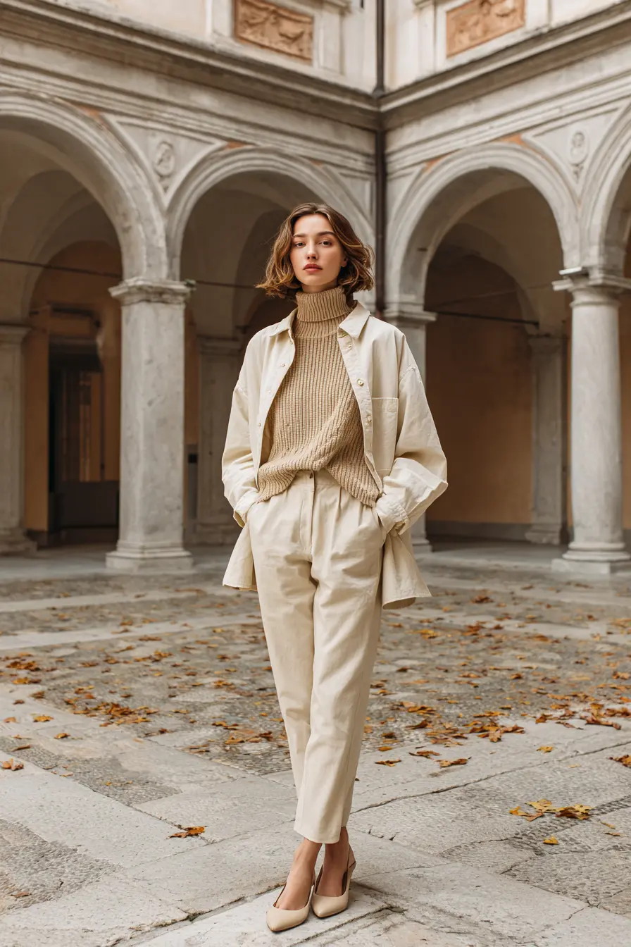 tonal cream and tan neutral layers minimalist autumn outfit with trousers