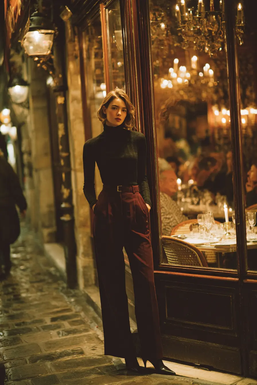 black turtleneck with wide-leg burgundy trousers and ankle boots fall evening outfit