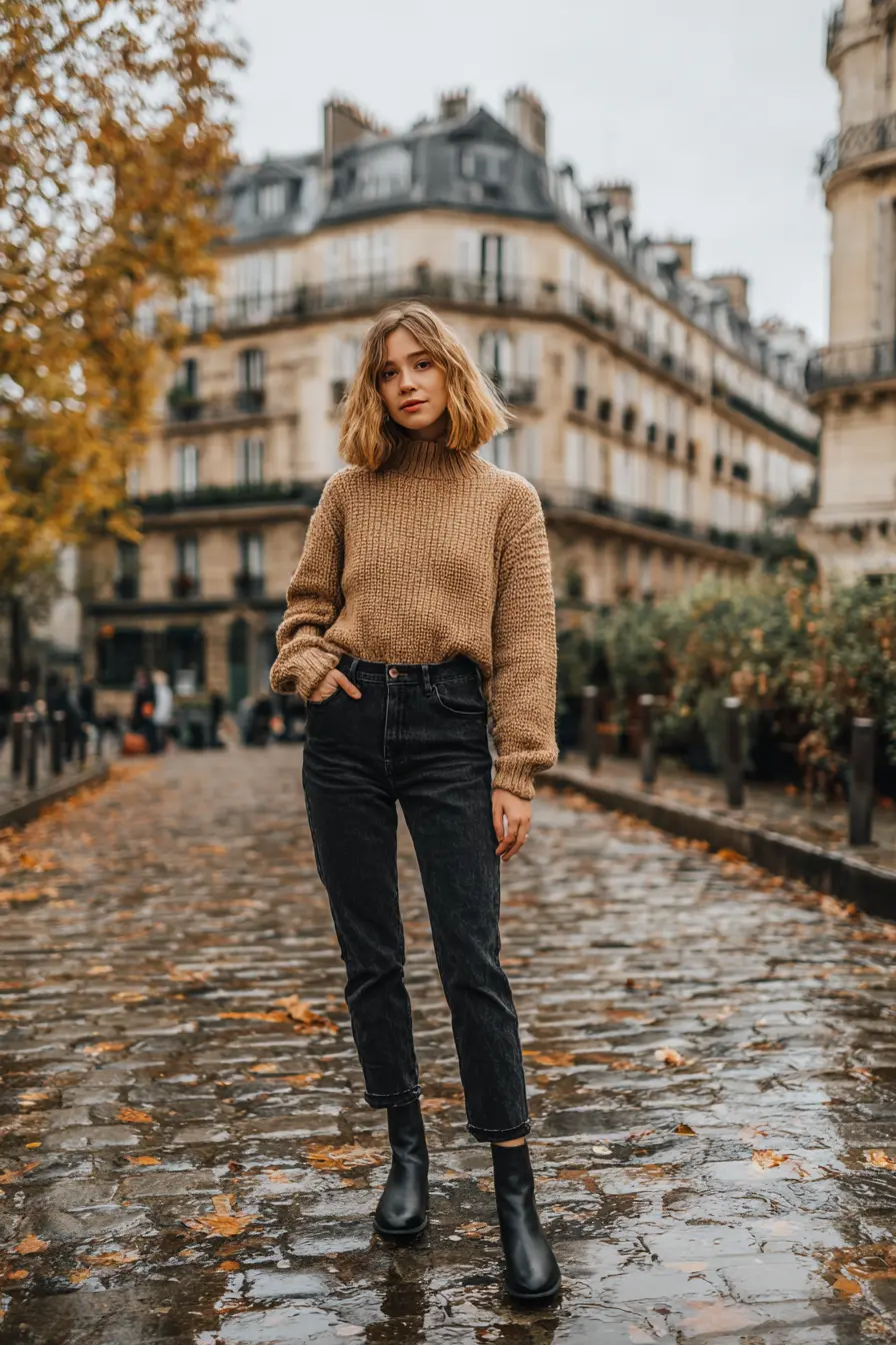 charcoal blazer and straight-leg trousers fall office outfit with ankle boots