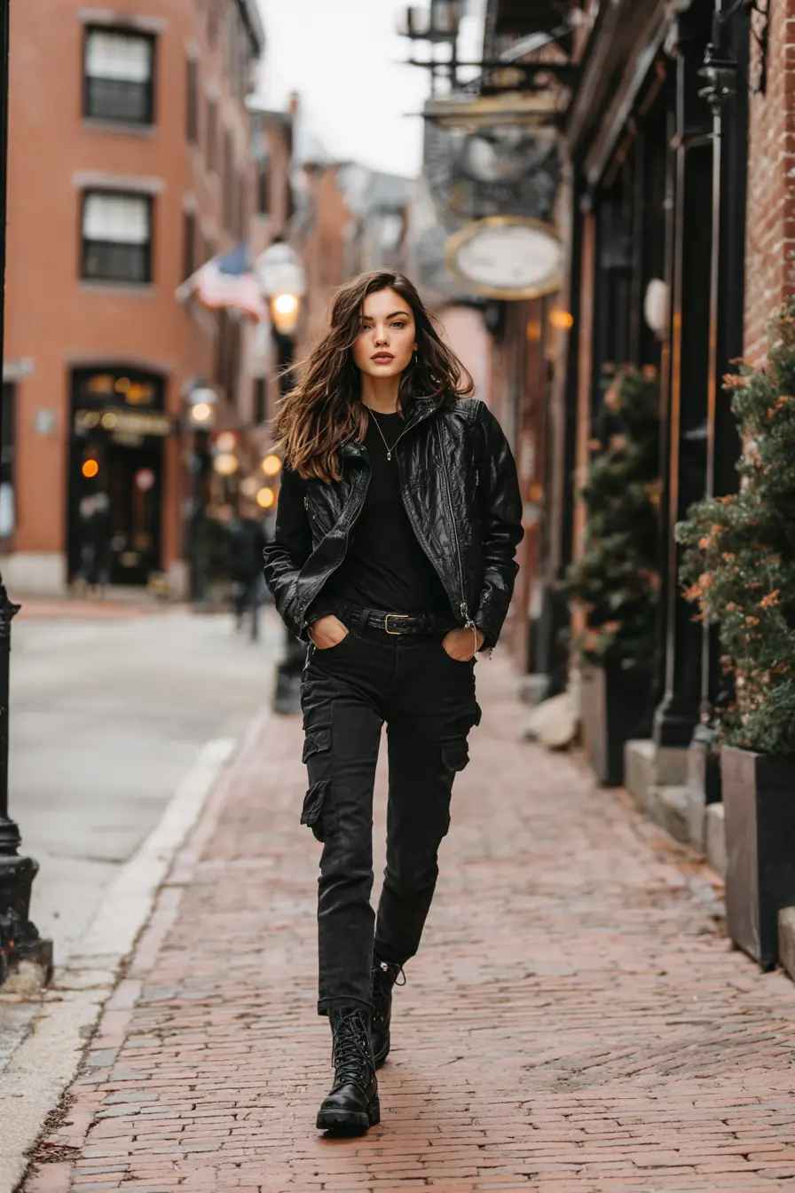 all-black winter outfit with leather jacket straight leg jeans and combat boots