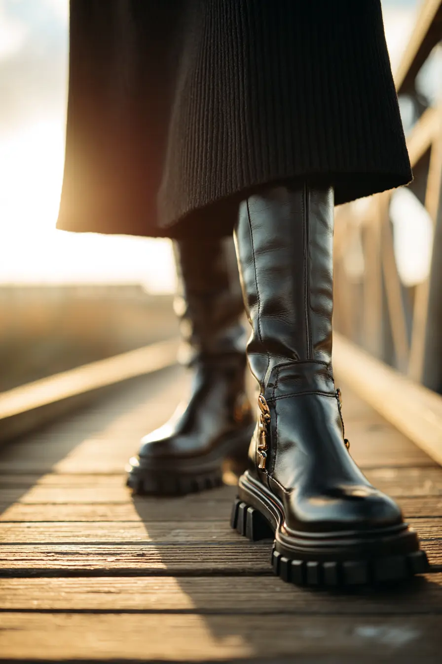 black knee high boots paired with midi skirt in all-black winter outfit