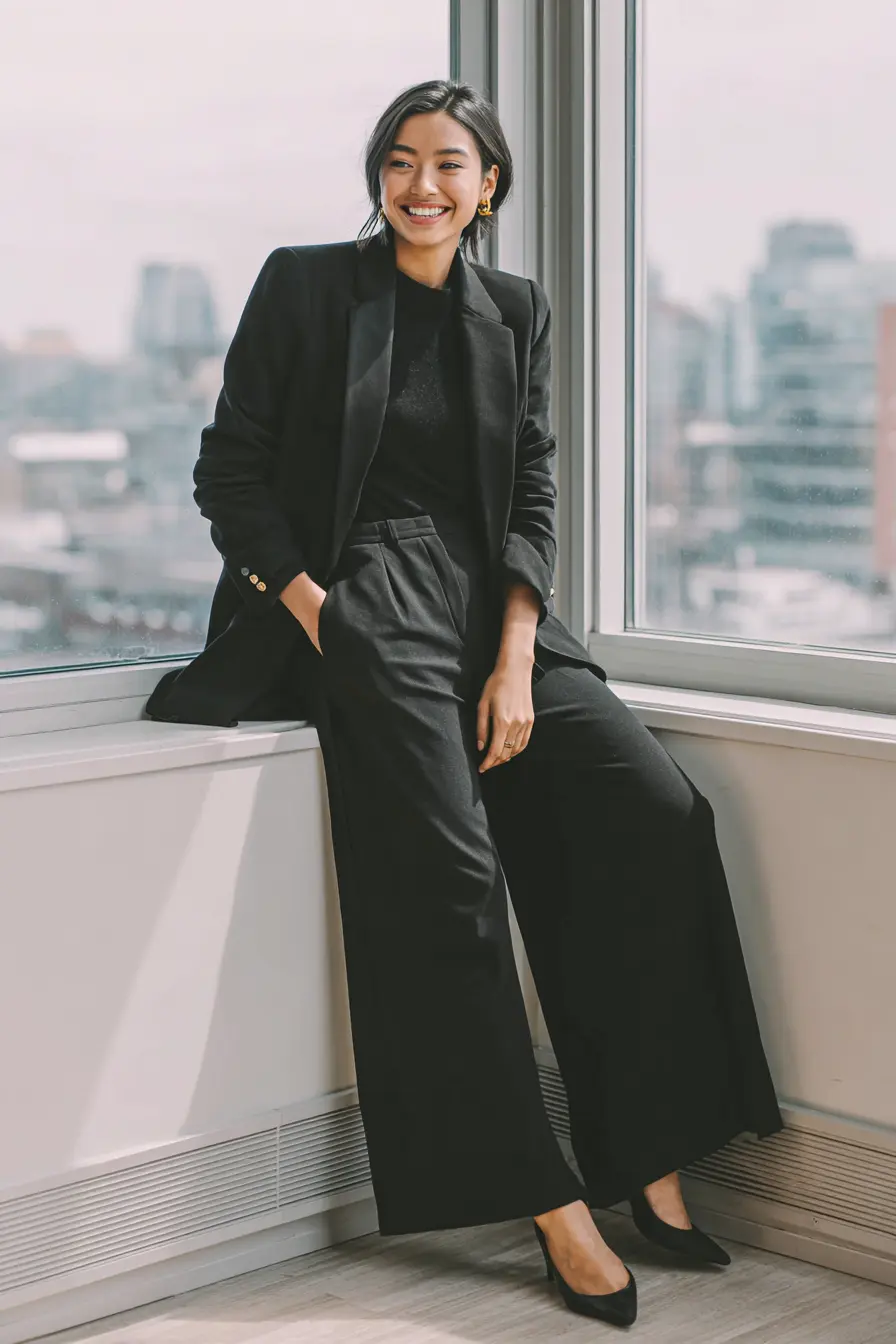 black winter work outfit with oversized blazer and wide leg trousers